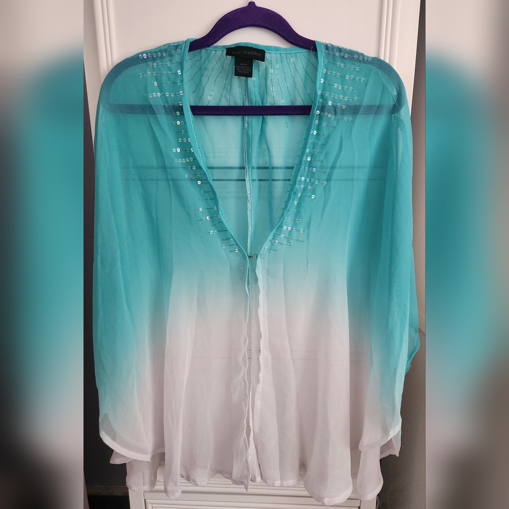 Steve Madden Sequin Turquoise and White Ombre Sheer Coverup
